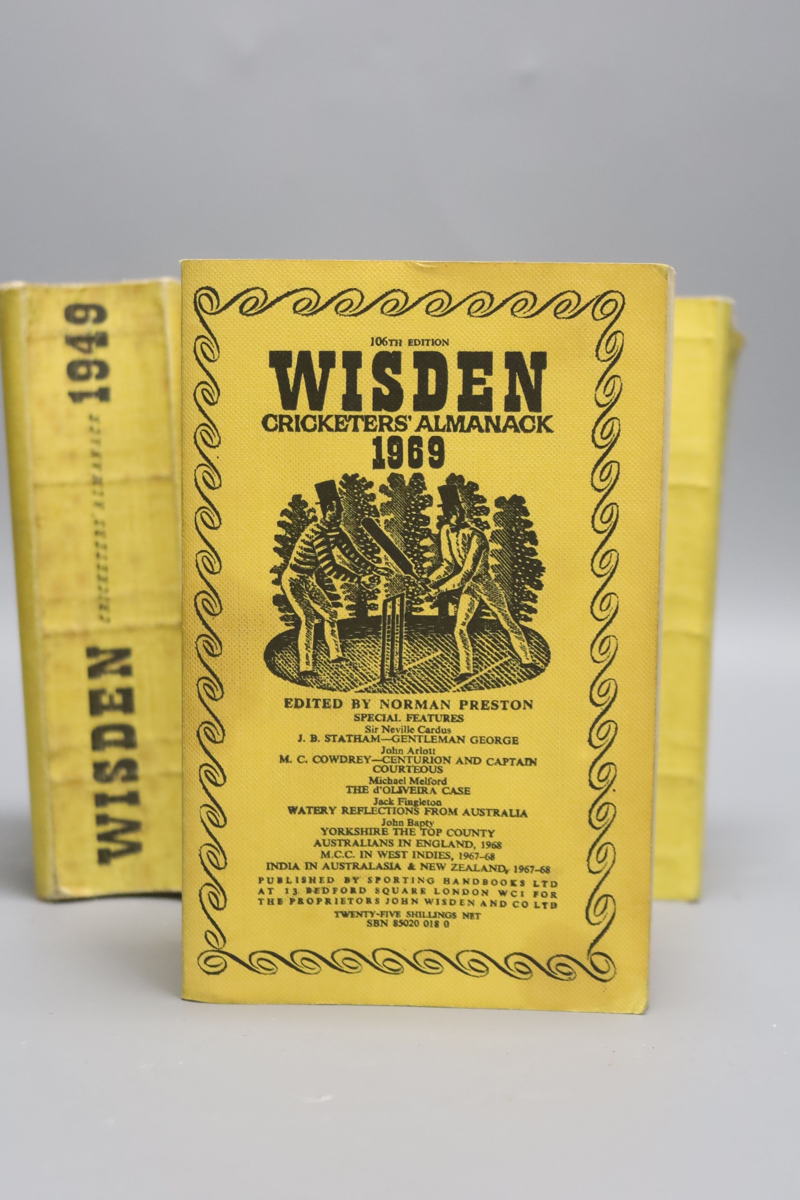 Five Wisden Cricketer's Almanacks, 1949, 1950, 1953, 1954 and 1969, soft covers